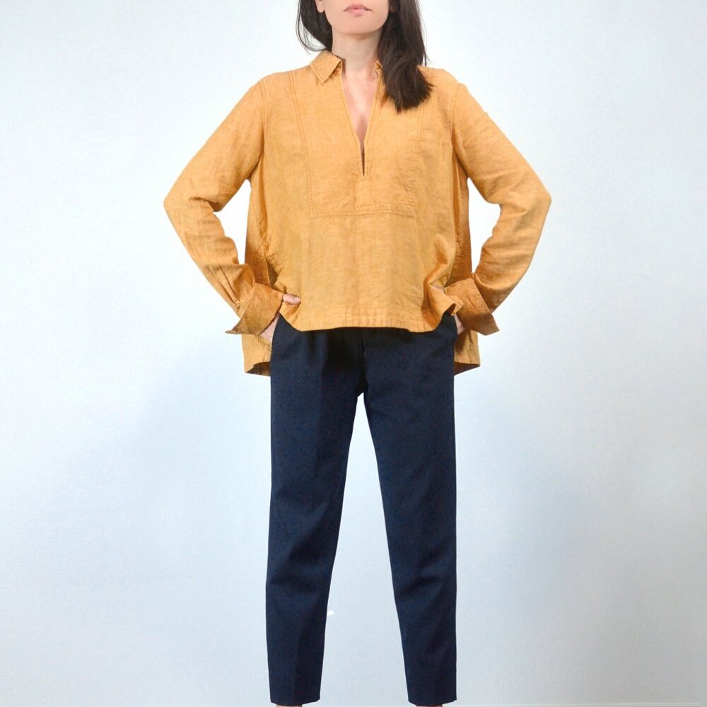 Free People Yellow Long Sleeve Collared Blouse, V-neck Linen Cotton Loose Top